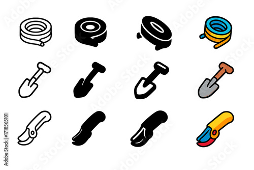 Drip Irrigation Icons Set. Icon Set of Drip Irrigation Installation: Pipe reel, Garden spade, Cutting tool. Icons set in vector style, emblematic variations.