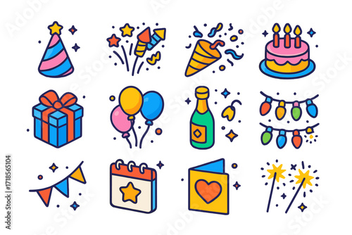 Festive Icon Collection. Colorful isometric vector icons set of Holiday celebration day: party hat, fireworks, confetti popper, cake, wrapped gift, balloons,