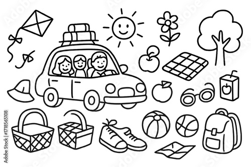 Summer Road Trip Essentials. Hand-drawn doodle illustration family summer road trip car, picnic basket, blanket, apple, juice box, ball, kite, sunglasses,