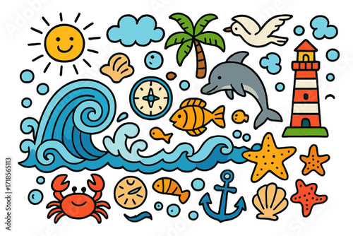 Colorful Ocean Doodles. Colorful Hand-drawn doodle Children illustration Wave patterns curling wave, foam splash, shell, starfish, bubble, fish, dolphin,