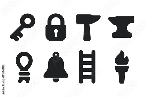 Castle Tools Icons. Solid, filled icon set of castle tools: key, lock, hammer, anvil, rope, bell, ladder, torch. Solid, filled icons in only black color. All