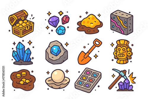 Colorful Gem Mining Icons. Colorful isometric vector icons set of gem mining and treasure: treasure chest, glowing gems, buried gold pile, gem veins in wall,