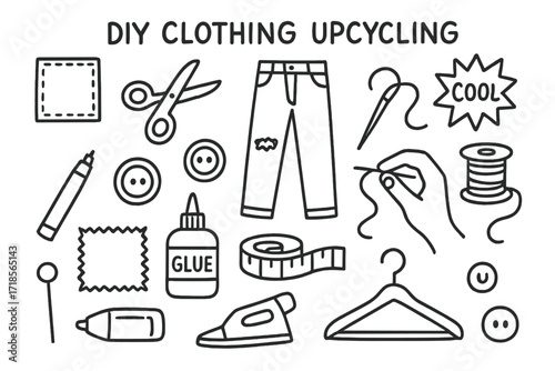 DIY Clothing Upcycling Doodles. Hand-drawn doodle illustration [DIY clothing upcycling] [patch, scissors, ripped jeans, sewing needle, iron-on badge, hand,