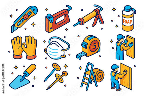 Insulation Tools Icons. Colorful isometric vector icons set of construction tools for insulation: utility knife, insulation stapler, caulking gun, spray foam