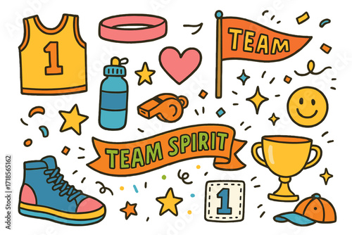 Team Spirit Doodles. Colorful Hand-drawn doodle Children illustration Team spirit wear jersey, headband, team flag, water bottle, whistle, heart, star,