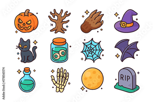 Halloween Icon Set. Colorful isometric vector icons set of Halloween fear elements: jack-o?-lantern grin, creepy tree, werewolf paw, witch?s hat, black cat,