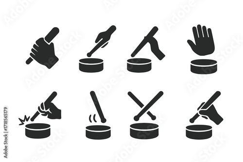 Drumming Gesture Icons. Solid, filled icon set of drumming gestures: stick grip, stick strike, rim tap, roll, slap, rimshot, stick bounce, paradiddle. Solid,