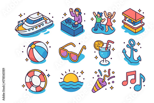 Colorful Boat Party Icons. Colorful isometric vector icons set of boat party cruises: yacht with party lights, DJ on deck, dancing guests, floating bar, beach