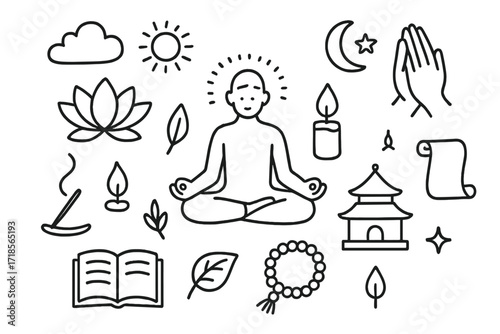 Mindful Meditation Doodles. Hand-drawn doodle illustration [Mindfulness and spiritual exercises] [meditation pose, lotus flower, candle, cloud, sun, moon,