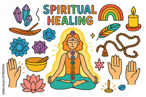 Spiritual Healing Doodle. Spiritual Healing. Colorful Hand-drawn doodle Children illustration chakra symbols, crystal stones, meditation pose, incense, singing