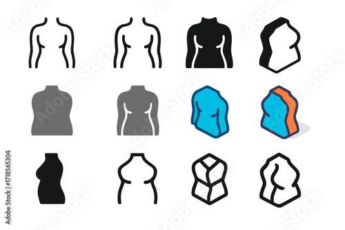 Body Shape Logos. Set Logo of Body Shape: Body mass index form. Logo set in vector style, emblematic variations. line, bold thick line, solid black filled,