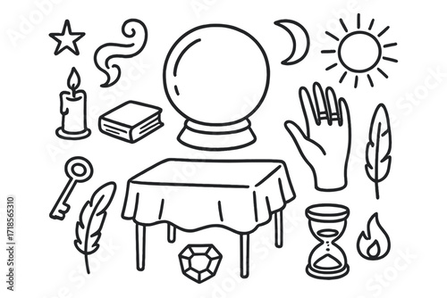 Mystical Doodle Elements. Hand-drawn doodle illustration crystal ball divination crystal ball, candle, smoke swirl, book, star, moon, sun, hand with rings,