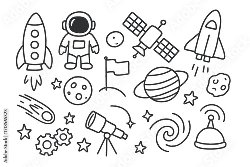 Space Exploration Doodles. Hand-drawn doodle illustration space exploration rocket, astronaut, satellite, space shuttle, planet, moon, flag, orbit line, comet,