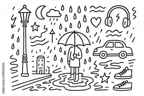 Neon Rain Doodle. Hand-drawn doodle illustration Neon street rain cityscape, umbrella, raindrops, puddle, lamp post, car, headphones, heart, spiral, arrow,