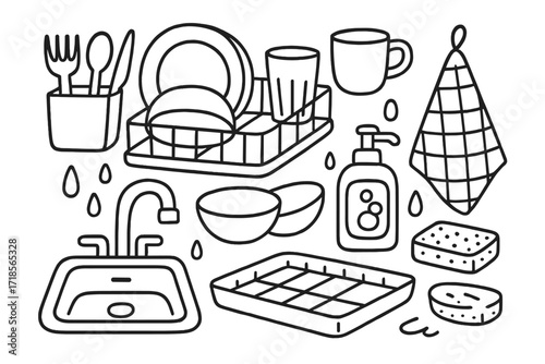 Dish Rack Doodles. Hand-drawn doodle illustration Dish rack [dish rack, plate, bowl, spoon, fork, knife, glass, mug, drying towel, soap bottle, sink, sponge,