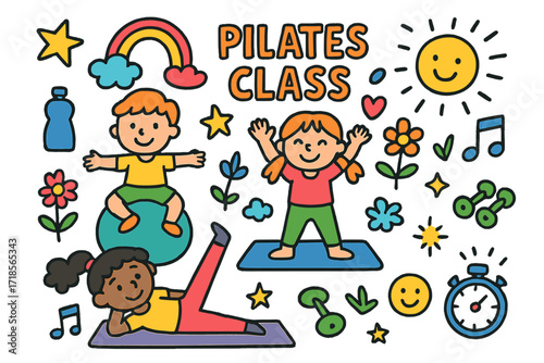 Colorful Children's Pilates Icons. Colorful Hand-drawn doodle Children illustration Pilates Class [yoga mat, ball, dumbbell, water bottle, star, rainbow,