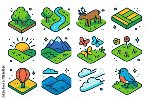 Ballooning Nature Icons. Colorful isometric vector icons set of Ballooning over nature: treetop canopy, winding river, grazing deer, patchwork field, sunrise