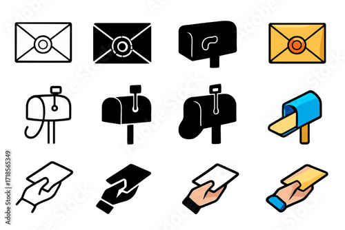 Colorful Envelope Icons. Icon Set of Card Delivery: Envelope with wax seal, Mailbox flag up, Hand giving card. Icons set in vector style, emblematic