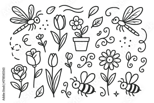 Dragonflies and Blossoms. Hand-drawn doodle illustration Dragonflies and Flowers dragonfly, rose, tulip, petal, daisy, leaf, pollen dot, curved stem, breeze