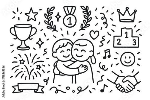 Victory Celebration Icons. Hand-drawn doodle illustration Celebration Hug [hug, trophy, medal, laurel wreath, star, sparkle, ribbon, crown, podium, confetti,