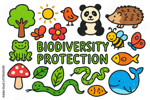 Biodiversity Doodle Artwork. Colorful Hand-drawn doodle Children illustration Biodiversity protection tree, bird, panda, frog, bee, flower, butterfly, whale,