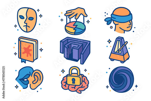 Psychological Horror Icons. Colorful isometric vector icons set of Psychological horror symbols: cracked mask, broken psyche diagram, puppet strings,
