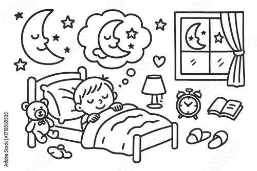 Dreamy Night Doodle. Hand-drawn doodle illustration Kids? dreamy night [child in bed, moon, stars, cloud, teddy bear, pillow, blanket, dream bubble, lamp,