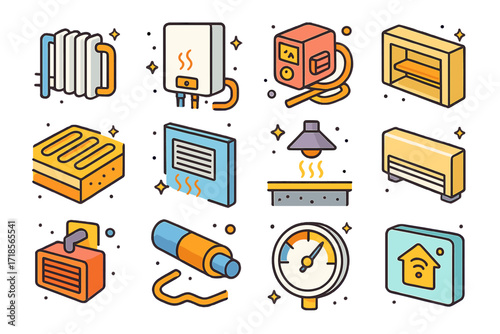 Colorful Heating Icons Set. Colorful isometric vector icons set of heating systems protecting pipes: radiator near pipes, boiler with pipes, heat