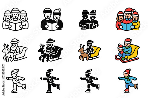Festive Activity Icons. Icon Set of Christmas activities: caroling group, sleigh ride, ice skating. Icons set in vector style, emblematic variations. Caroling