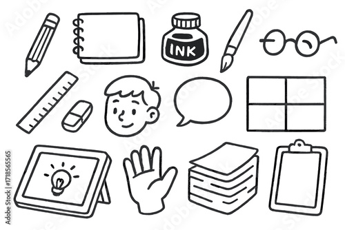 Doodle Art Tools. Hand-drawn doodle illustration illustrator pencil, sketchbook, ink bottle, pen, brush, glasses, ruler, eraser, character head, story bubble,