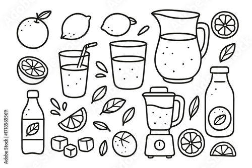 Citrus Juice Doodle. Hand-drawn doodle illustration Citrus juice, orange, lemon, lime, grapefruit, glass of juice, straw, pitcher, blender, ice cubes, splash,