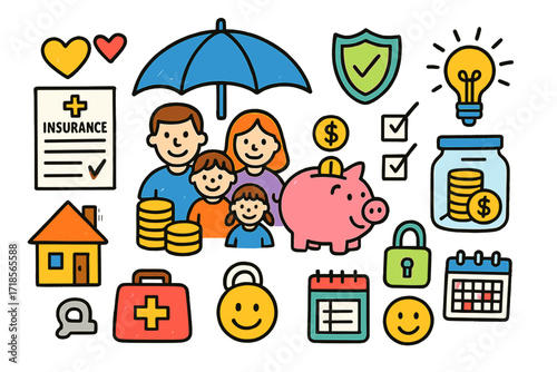 Family Finance Protection. Colorful Hand-drawn doodle Children illustration Protecting Family Finances umbrella, shield, piggy bank, coins, house, insurance