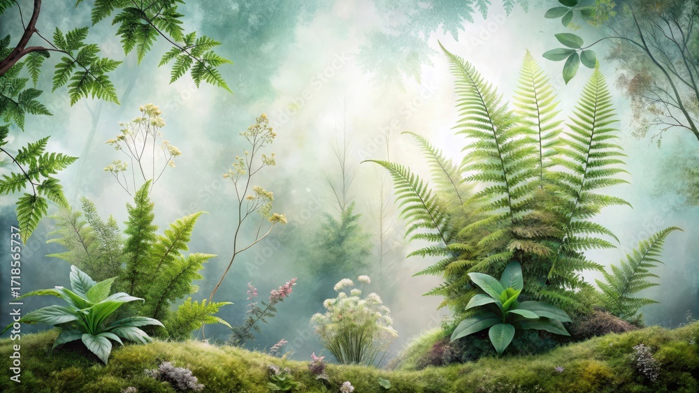 Naklejka premium Enchanted Forest Scene Lush Greenery, Misty Atmosphere, and Serene Tranquility in a Verdant Grove