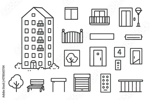 Apartment Icon Doodles. Hand-drawn doodle illustration Apartment high-rises apartment tower, balcony, windows, entry gate, elevator, nameplate, lamp post,
