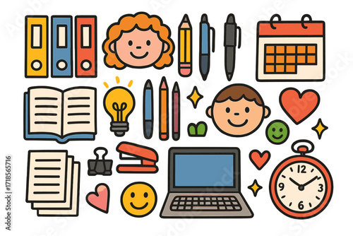 Colorful Work Station. Colorful Hand-drawn doodle Children illustration Organizing Work Materials folders, notebooks, pencils, pens, paper stack, binder clips,