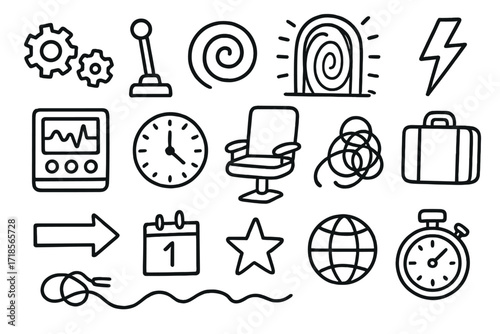 Time Travel Doodle. Hand-drawn doodle illustration time machine gears, levers, spiral, portal door, lightning bolt, control panel, clock, chair, wires,