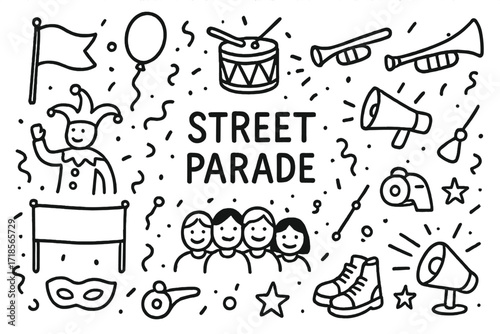 Street Parade Doodles. Hand-drawn doodle illustration Street parade [flag, balloon, drum, trumpet, megaphone, costume, banner, confetti, baton, whistle, mask,