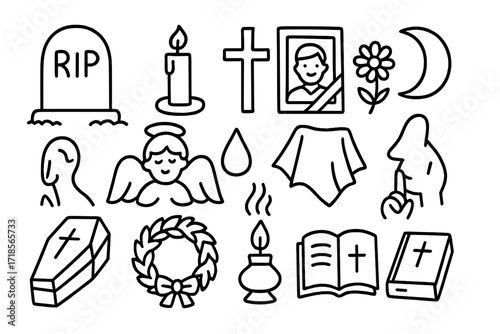 Funeral Symbols Doodle. Hand-drawn doodle illustration funeral customs and symbols tombstone, candle, cross, framed photo, flower, handkerchief, teardrop,