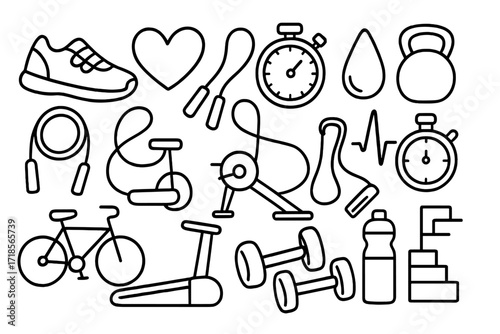 Cardio Equipment Doodles. Hand-drawn doodle illustration cardio conditioning running shoe, heart, stopwatch, sweat drop, rope, rowing machine, jump rope,