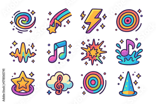 Colorful Musical Icons. Colorful isometric vector icons set of musical color bursts: sound swirl with sparkles, note shooting star, melody lightning bolt,