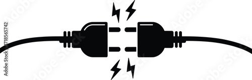 Disconnected plug icons, electricity symbol vector, power outage graphic, energy transfer design, black and white layout, isolated connection concept, electric shock illustration