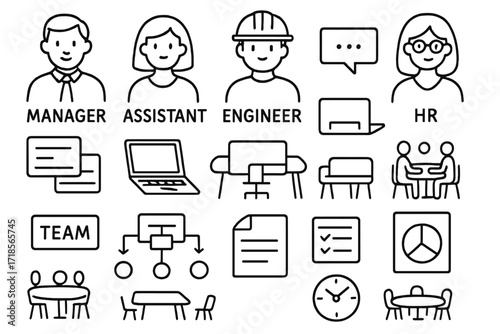 Office Role Icons. Hand-drawn doodle illustration [Office team roles] [manager icon, assistant icon, engineer icon, designer icon, HR icon, name tags, laptops,