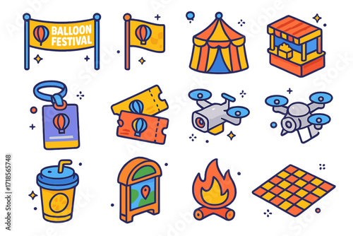 Balloon Festival Icons. Colorful isometric vector icons set of Balloon festival elements: festival banner, balloon race flag, festival tent, snack stand, pilot