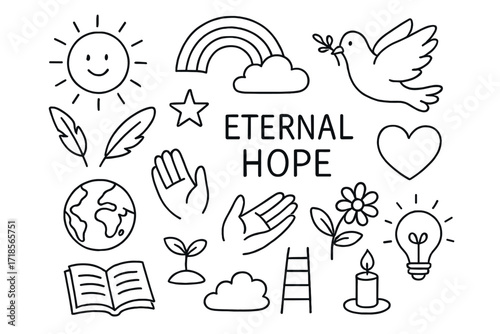 Eternal Hope Symbols. Hand-drawn doodle illustration eternal hope sun, rainbow, dove, feather, star, open hands, heart, globe, sprout, flower, candle, book,