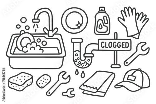 Kitchen Sink Doodle. Hand-drawn doodle illustration kitchen sink trap kitchen sink, dish, sponge, bubbles, faucet, drain, P-trap pipe, wrench, detergent