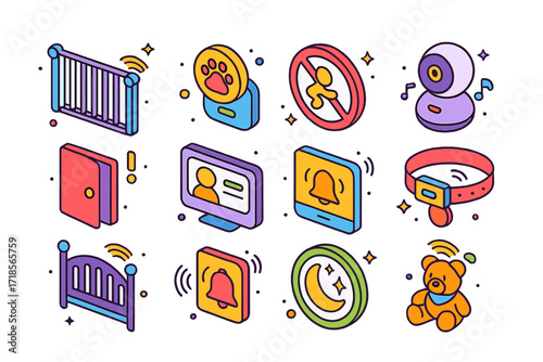 Smart Safety Icons. Colorful isometric vector icons set of Child and pet smart safety: smart baby gate, pet movement tracker, restricted area icon, baby camera