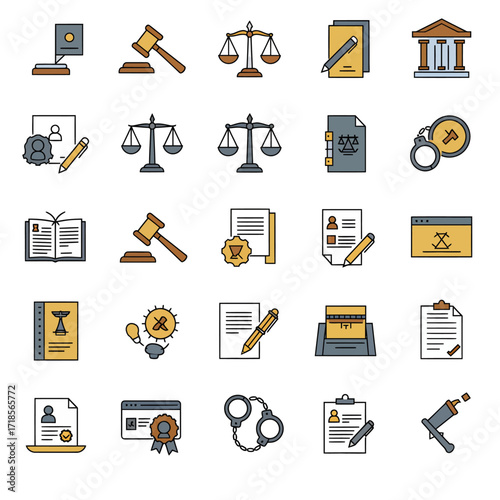 A collection of law and justice themed icons, including scales, gavel, documents, handcuffs, and legal buildings.