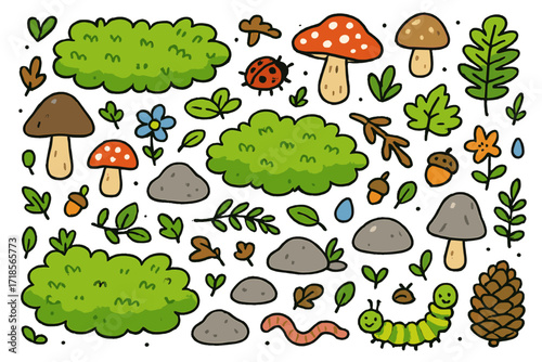 Whimsical Forest Floor. Colorful Hand-drawn doodle Children illustration Moss forest floor, moss patches, mushrooms, rocks, tiny flowers, leaves, acorns,