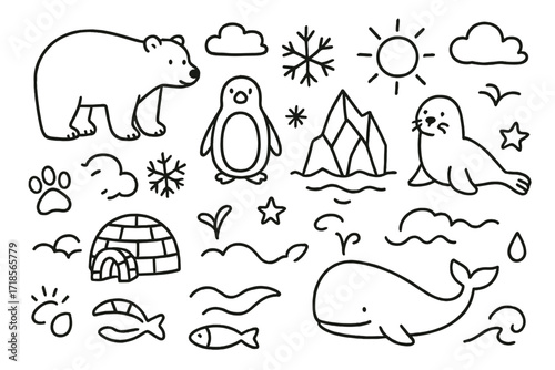 Arctic Doodle Icons. Hand-drawn doodle illustration Arctic Sanctuary [polar bear, penguin, seal, whale, fish, iceberg, snowflake, paw print, igloo, cloud, sun,