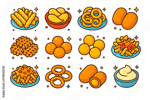 Colorful Potato Snack Icons. Colorful isometric vector icons set of Potato snacks: crinkle fries, kettle chips, curly fries, potato croquettes, waffle fries,